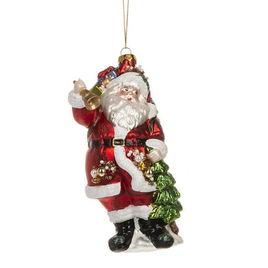 Santa With Bag And Tree Glass Ornament