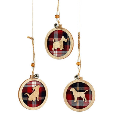 Wooden Plaid Ornament Set of 3 With Dog