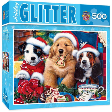 Holiday Glitter Santa Paws - Adorable Puppies 500 Piece Jigsaw Puzzle by Jenny Newland